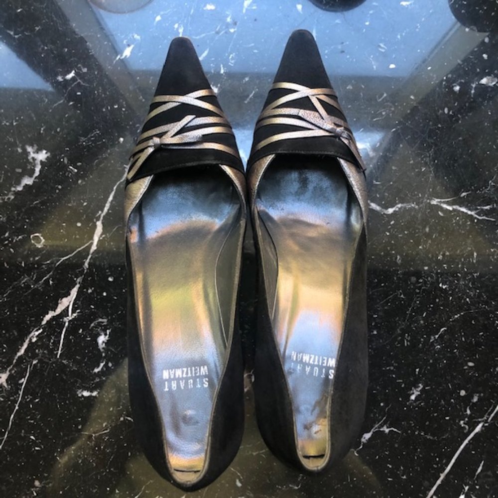 Stuart Weinztman Black Suede Pumps with silver leather detailing